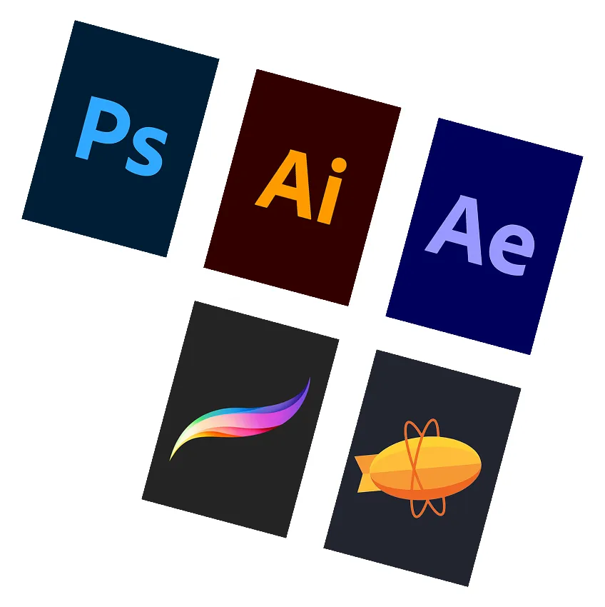 Group of stamps with some design software logo as an illustration